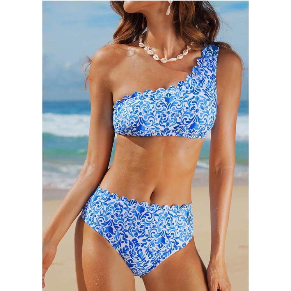 CUPSHE  Bikini Sets Two Piece Bathing Suit One Shoulder Scalloped Wide NWT